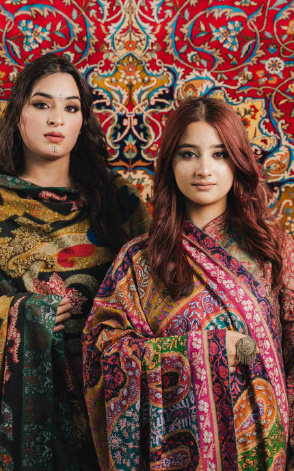 Kashmiri Kalamkari Sozni Work Shawl - Black Heritage | Handmade - Kashmir Jama