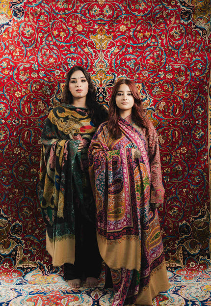 Kashmiri Kalamkari Sozni Work Shawl - Black Heritage | Handmade - Kashmir Jama