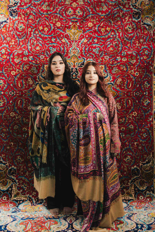 Kashmiri Kalamkari Sozni Work Shawl - Black Heritage | Handmade - Kashmir Jama