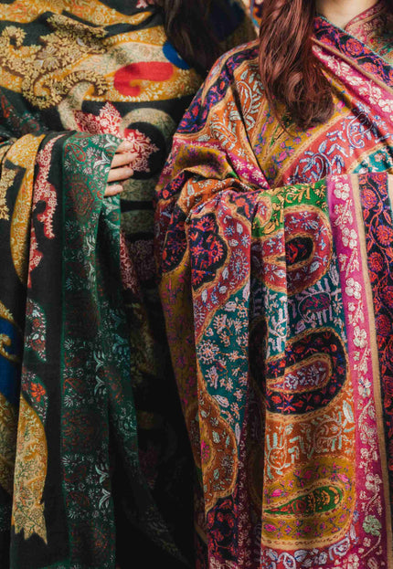 Kashmiri Kalamkari Sozni Work Shawl - Black Heritage | Handmade - Kashmir Jama