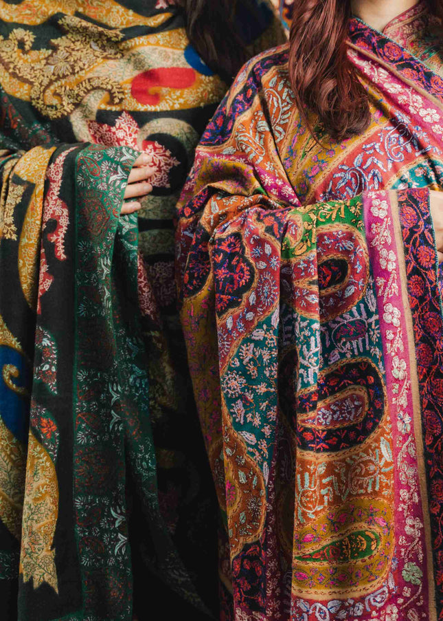 Kashmiri Kalamkari Sozni Work Shawl - Black Heritage | Handmade - Kashmir Jama