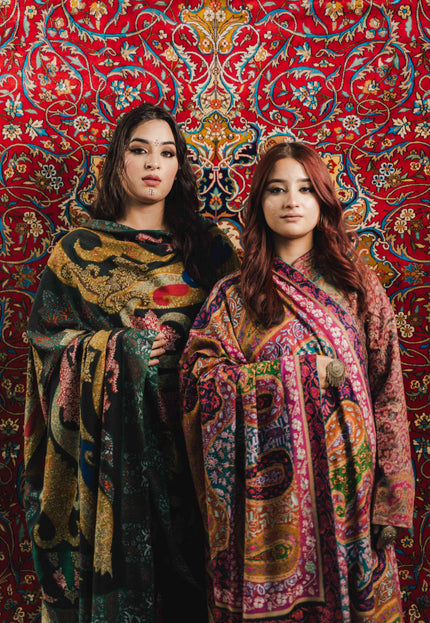 Kashmiri Kalamkari Sozni Work Shawl - Black Heritage | Handmade - Kashmir Jama