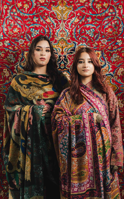 Kashmiri Kalamkari Sozni Work Shawl - Black Heritage | Handmade - Kashmir Jama