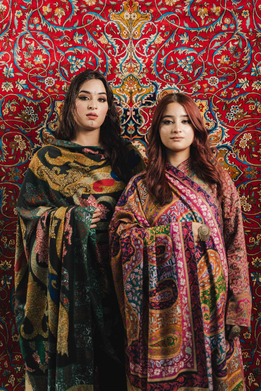 Kashmiri Kalamkari Sozni Work Shawl - Black Heritage | Handmade - Kashmir Jama