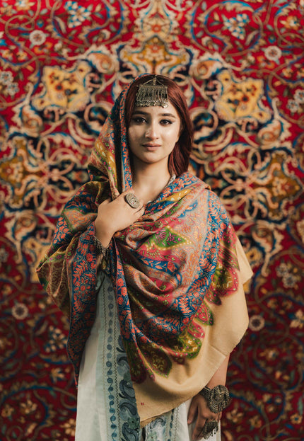 Kashmiri Kalamkari Sozni Shawl - Multi Colour | Handmade - Kashmir Jama