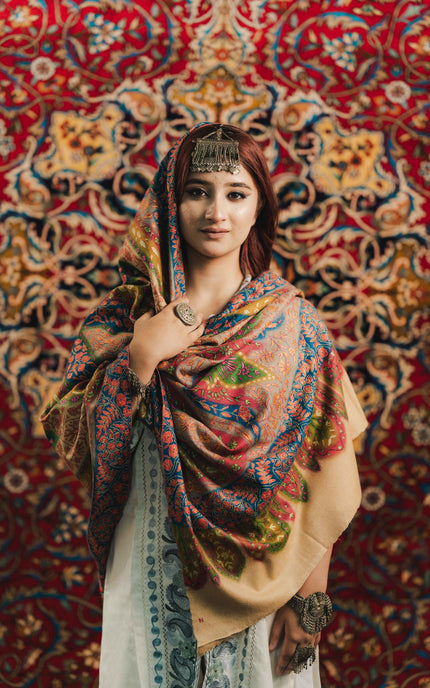Kashmiri Kalamkari Sozni Shawl - Multi Colour | Handmade - Kashmir Jama