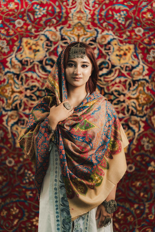 Kashmiri Kalamkari Sozni Shawl - Multi Colour | Handmade - Kashmir Jama