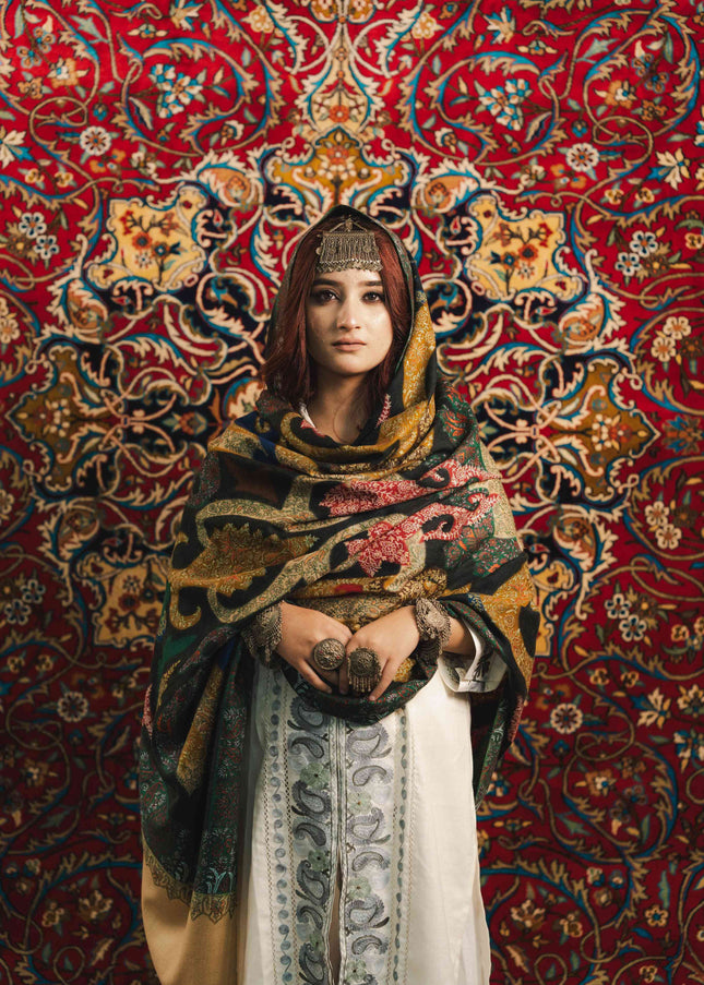 Kalamkari Sozni Work Shawl - Black Multi Colour | Handmade - Kashmir Jama