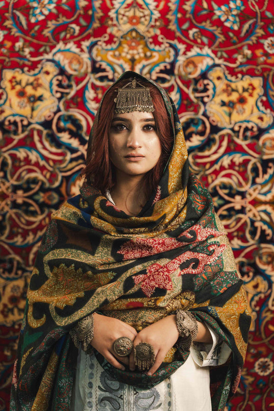 Kalamkari Sozni Work Shawl - Black Multi Colour | Handmade - Kashmir Jama