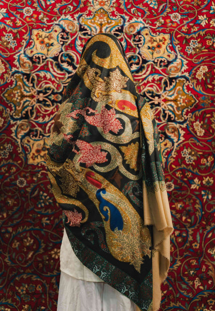 Kalamkari Sozni Work Shawl - Black Multi Colour | Handmade - Kashmir Jama