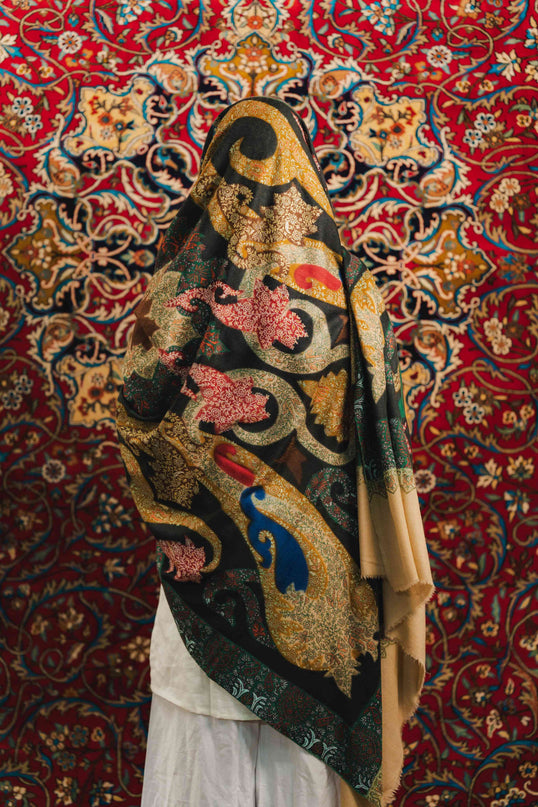 Kalamkari Sozni Work Shawl - Black Multi Colour | Handmade - Kashmir Jama