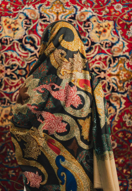 Kalamkari Sozni Work Shawl - Black Multi Colour | Handmade - Kashmir Jama