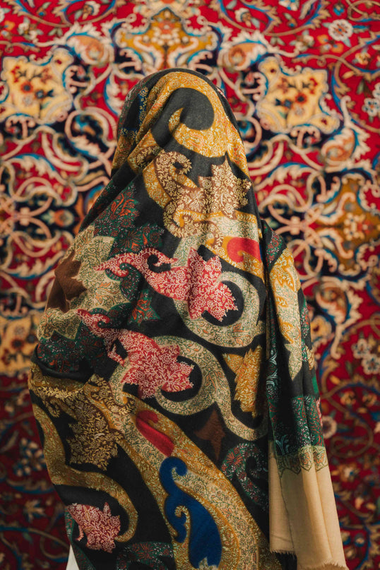 Kalamkari Sozni Work Shawl - Black Multi Colour | Handmade - Kashmir Jama