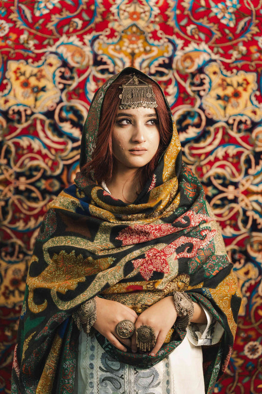Kalamkari Sozni Work Shawl - Black Multi Colour | Handmade - Kashmir Jama