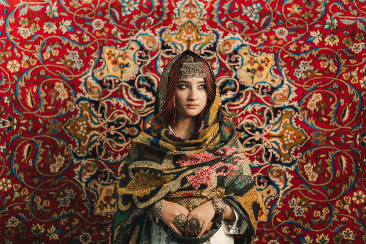 Kalamkari Sozni Work Shawl - Black Multi Colour | Handmade - Kashmir Jama