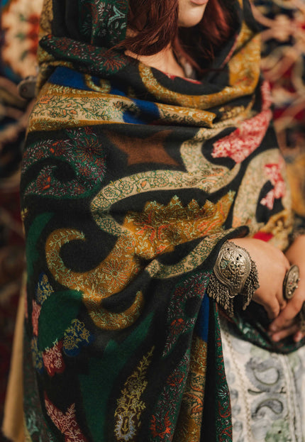 Kalamkari Sozni Work Shawl - Black Multi Colour | Handmade - Kashmir Jama