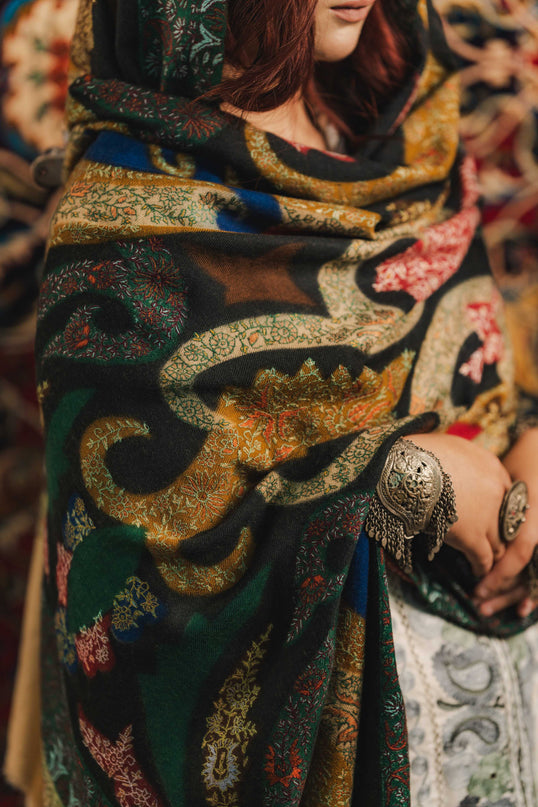 Kalamkari Sozni Work Shawl - Black Multi Colour | Handmade - Kashmir Jama