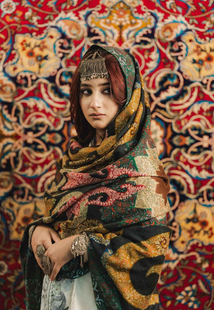 Kalamkari Sozni Work Shawl - Black Multi Colour | Handmade - Kashmir Jama