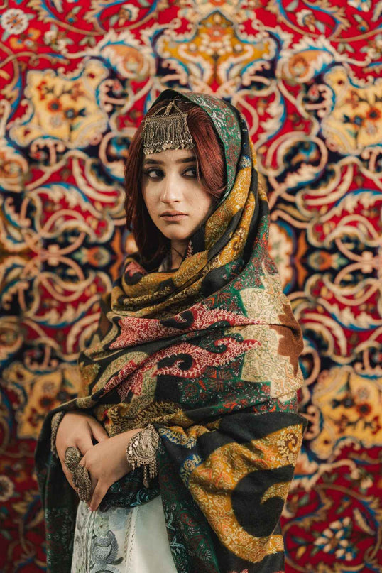 Kalamkari Sozni Work Shawl - Black Multi Colour | Handmade - Kashmir Jama