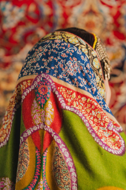 Kashmiri Kalamkari Sozni Shawl - Multi Colour | Handmade - Kashmir Jama