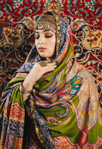 Kashmiri Kalamkari Sozni Shawl - Multi Colour | Handmade - Kashmir Jama