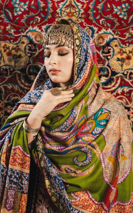 Kashmiri Kalamkari Sozni Shawl - Multi Colour | Handmade - Kashmir Jama