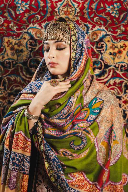 Kashmiri Kalamkari Sozni Shawl - Multi Colour | Handmade - Kashmir Jama