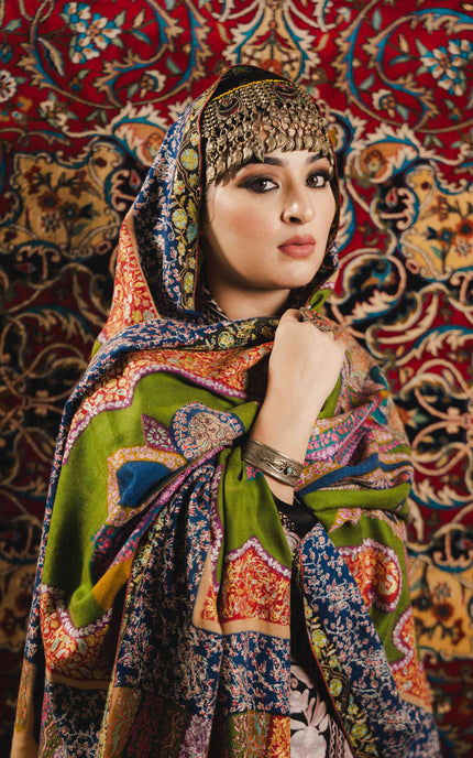 Kashmiri Kalamkari Sozni Shawl - Multi Colour | Handmade - Kashmir Jama