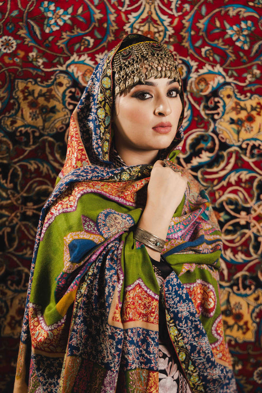 Kashmiri Kalamkari Sozni Shawl - Multi Colour | Handmade - Kashmir Jama