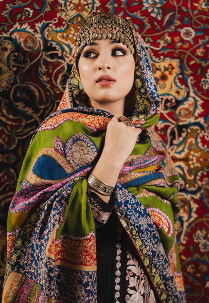 Kashmiri Kalamkari Sozni Shawl - Multi Colour | Handmade - Kashmir Jama