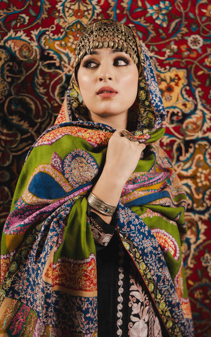 Kashmiri Kalamkari Sozni Shawl - Multi Colour | Handmade - Kashmir Jama