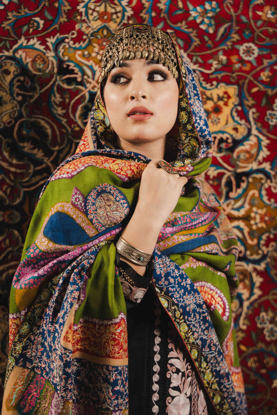 Kashmiri Kalamkari Sozni Shawl - Multi Colour | Handmade - Kashmir Jama