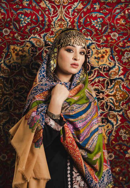 Kashmiri Kalamkari Sozni Shawl - Multi Colour | Handmade - Kashmir Jama