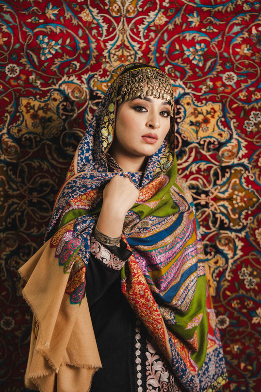 Kashmiri Kalamkari Sozni Shawl - Multi Colour | Handmade - Kashmir Jama