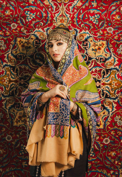 Kashmiri Kalamkari Sozni Shawl - Multi Colour | Handmade - Kashmir Jama