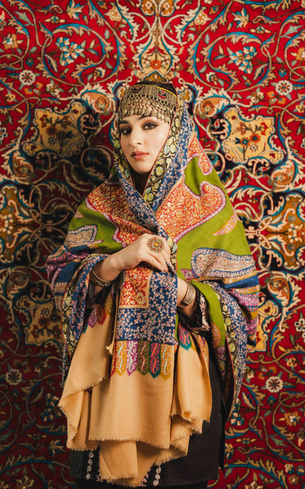 Kashmiri Kalamkari Sozni Shawl - Multi Colour | Handmade - Kashmir Jama