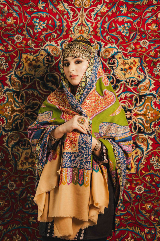 Kashmiri Kalamkari Sozni Shawl - Multi Colour | Handmade - Kashmir Jama