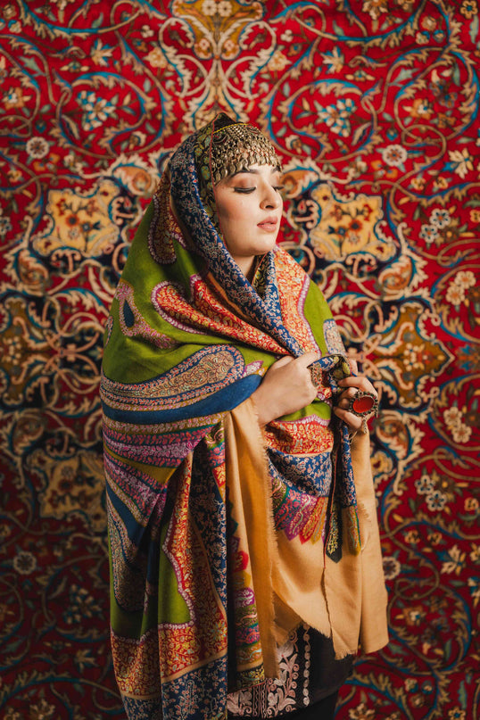 Kashmiri Kalamkari Sozni Shawl - Multi Colour | Handmade - Kashmir Jama