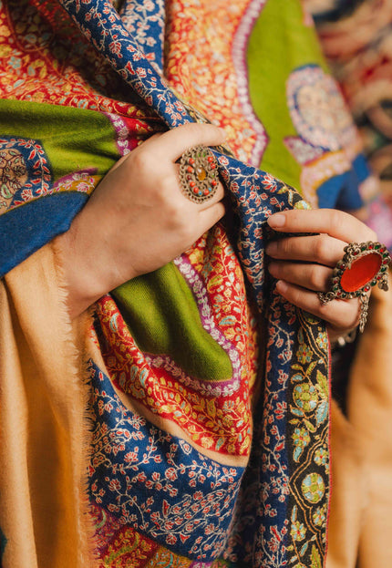 Kashmiri Kalamkari Sozni Shawl - Multi Colour | Handmade - Kashmir Jama