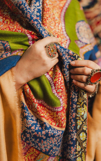 Kashmiri Kalamkari Sozni Shawl - Multi Colour | Handmade - Kashmir Jama
