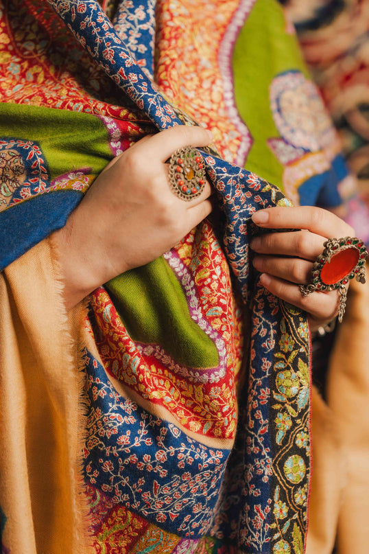 Kashmiri Kalamkari Sozni Shawl - Multi Colour | Handmade - Kashmir Jama