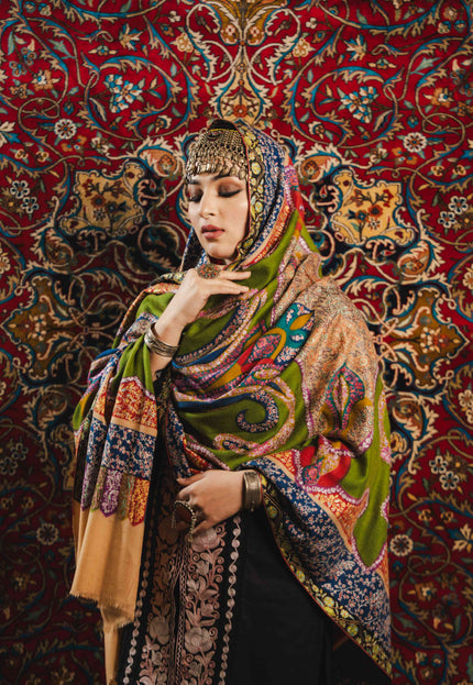 Kashmiri Kalamkari Sozni Shawl - Multi Colour | Handmade - Kashmir Jama