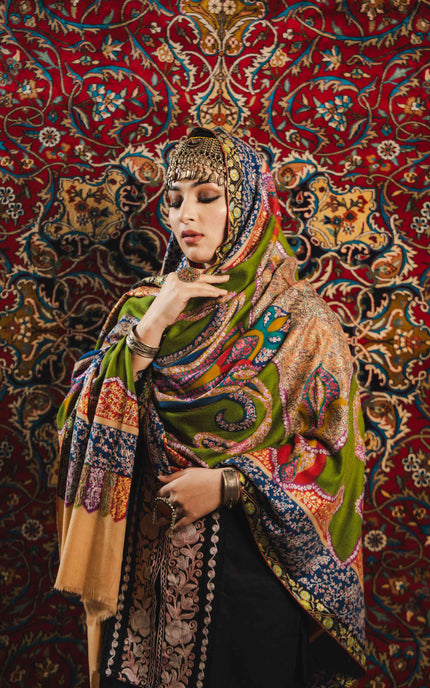 Kashmiri Kalamkari Sozni Shawl - Multi Colour | Handmade - Kashmir Jama