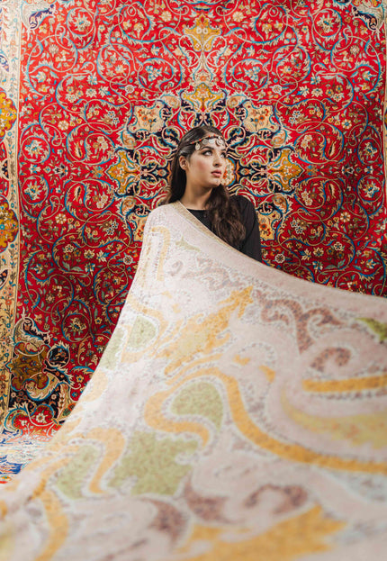 Kashmiri Kalamkari Sozni Work Shawl - White | Handmade - Kashmir Jama