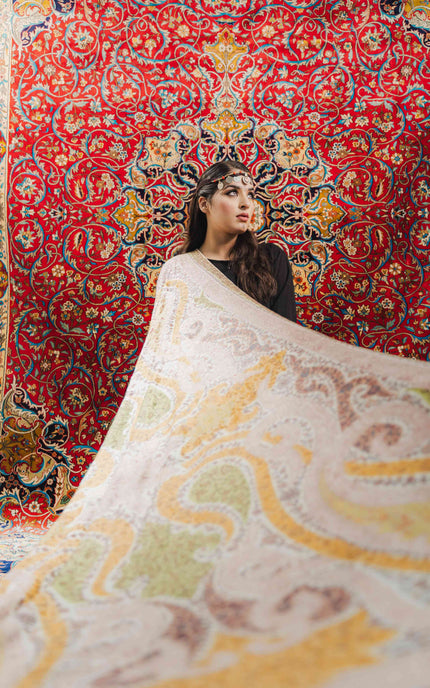 Kashmiri Kalamkari Sozni Work Shawl - White | Handmade - Kashmir Jama