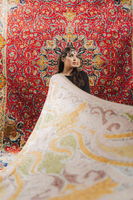 Kashmiri Kalamkari Sozni Work Shawl - White | Handmade - Kashmir Jama