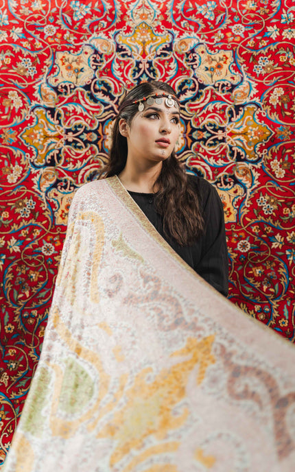 Kashmiri Kalamkari Sozni Work Shawl - White | Handmade - Kashmir Jama