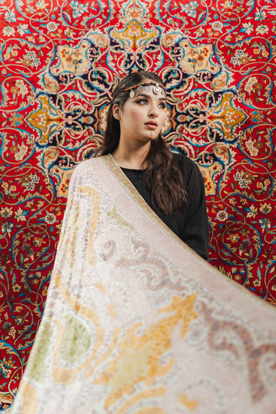 Kashmiri Kalamkari Sozni Work Shawl - White | Handmade - Kashmir Jama