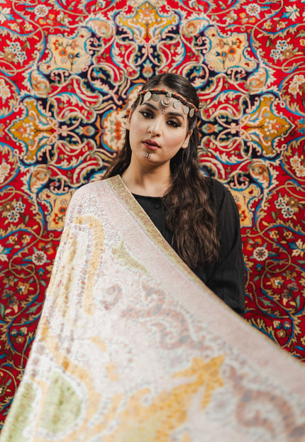 Kashmiri Kalamkari Sozni Work Shawl - White | Handmade - Kashmir Jama