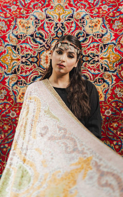 Kashmiri Kalamkari Sozni Work Shawl - White | Handmade - Kashmir Jama